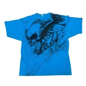 Y2K Optima Silver Graphic Tee Skull Wings Print Blue Short Sleeve XL